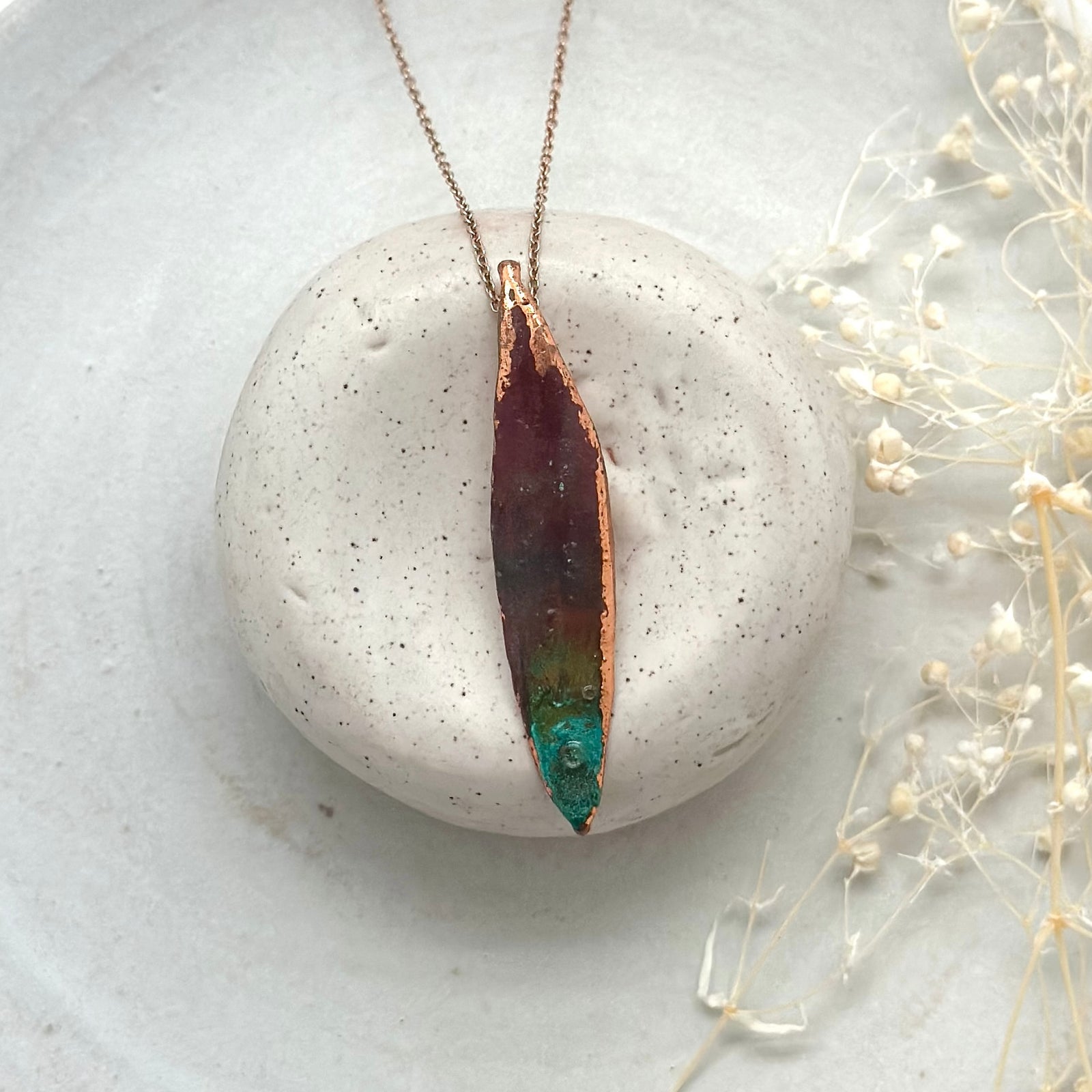 Green Copper Patina Olive leaf necklace