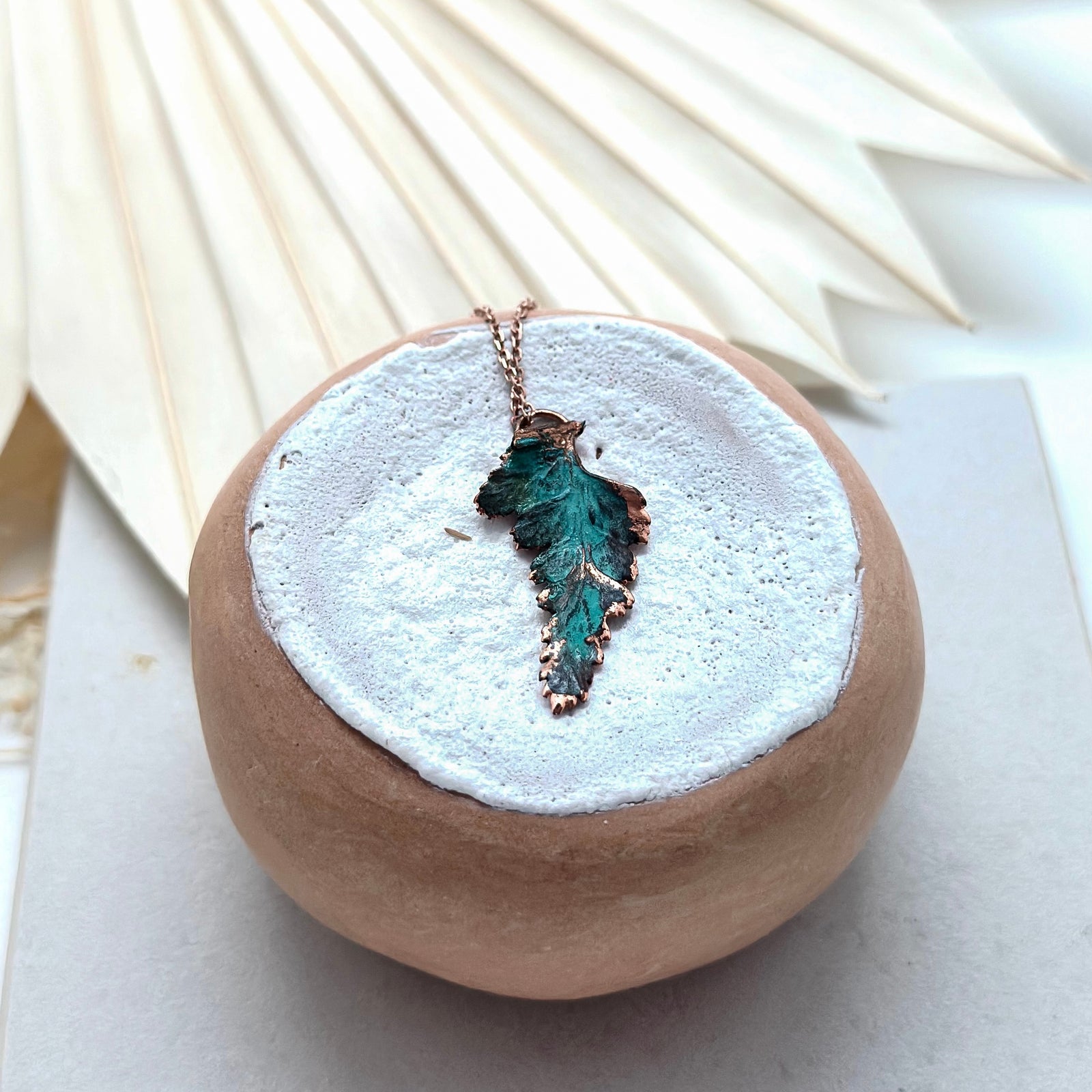 Dipped Green patina fern leaf necklace
