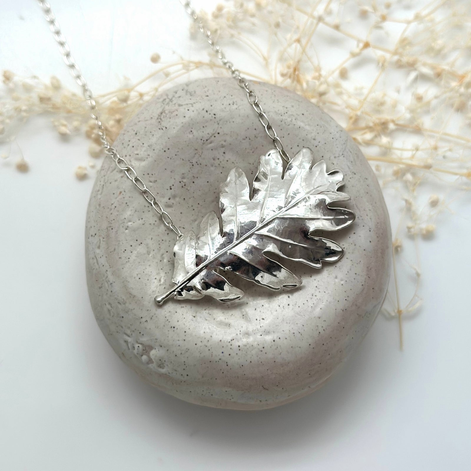 Silver dipped sideways Oak necklace