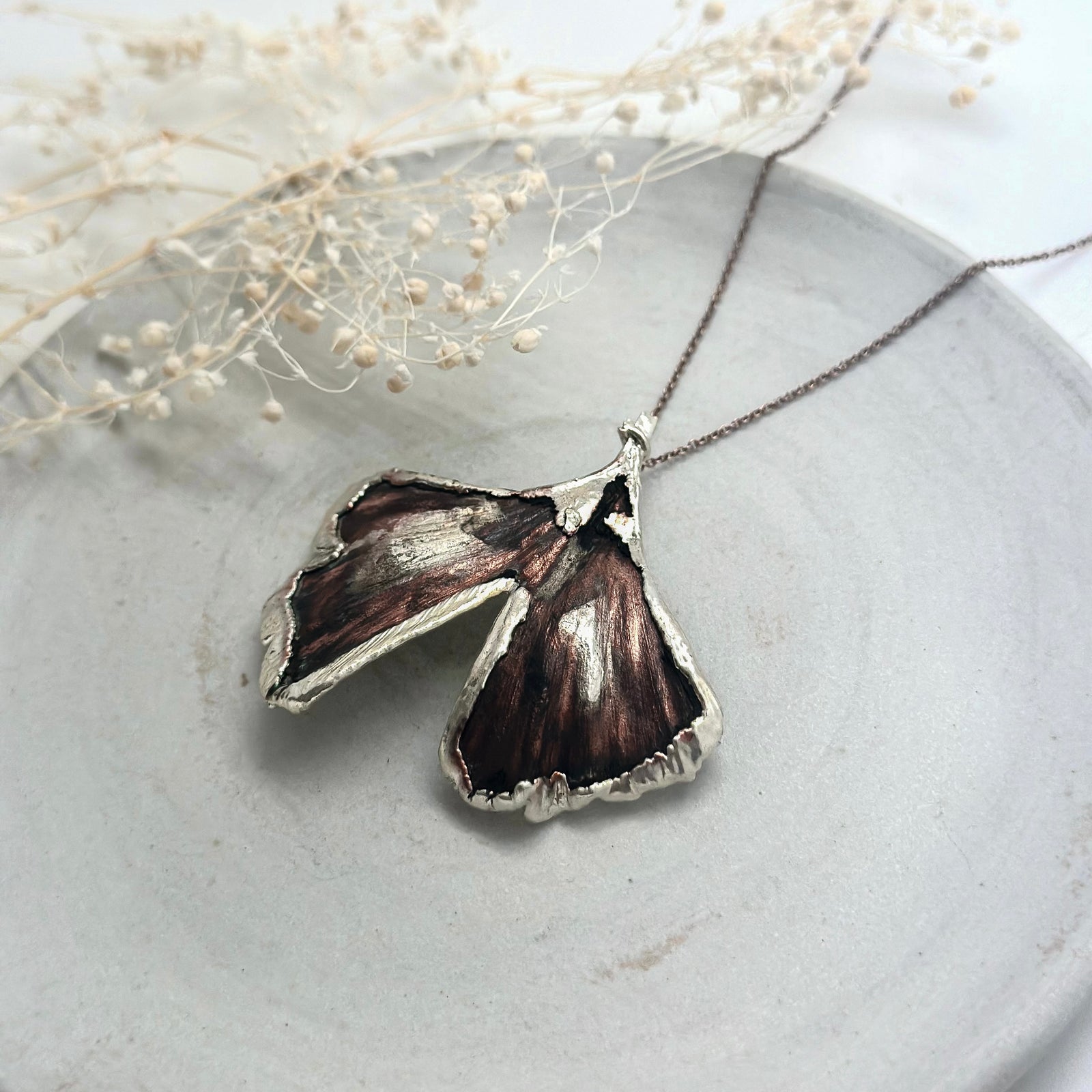 Partially silver dipped Gingko necklace
