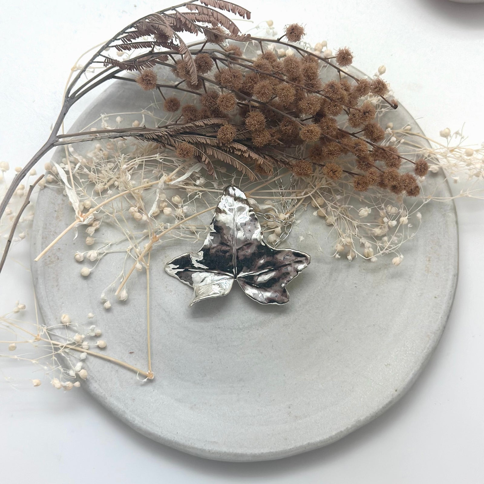 Silver real leaf metallized vine necklace