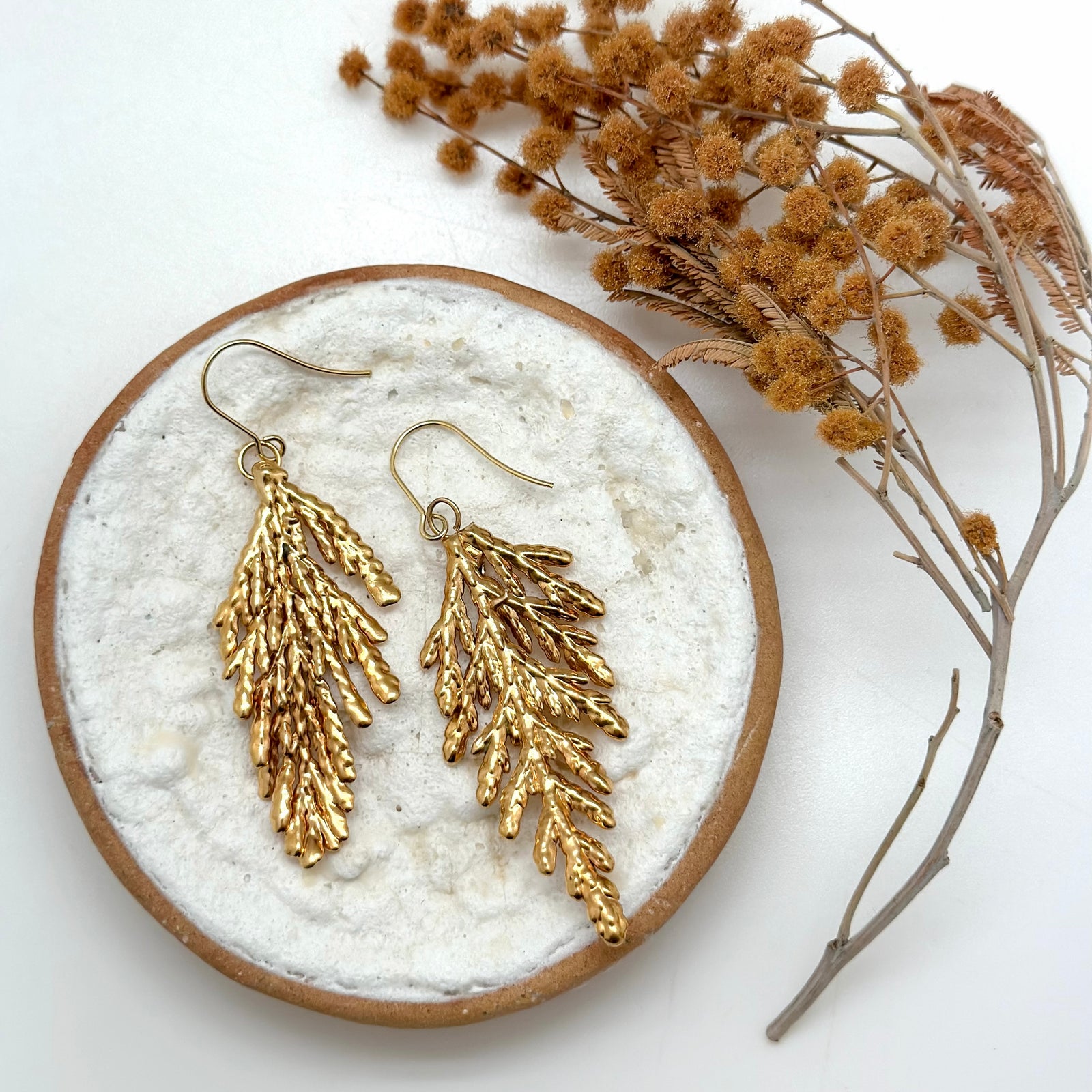 18K Gold dipped red wood leaf earrings