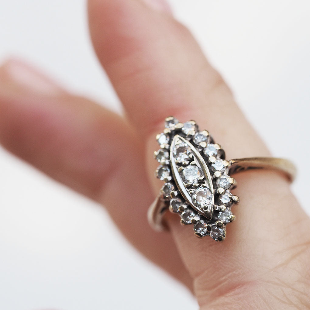 Victorian Navette Diamond 9ct and platinum ring