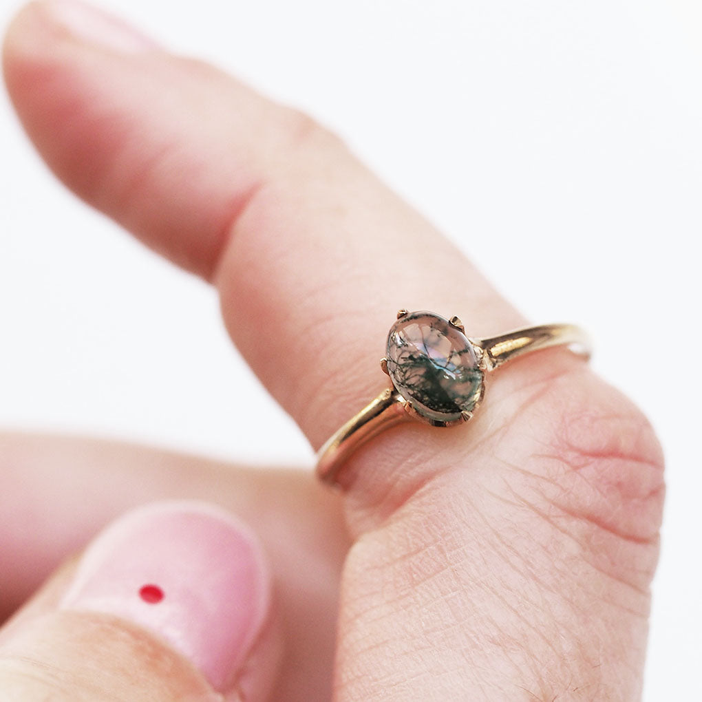 14K Rose Gold Moss Agate Oval Solitaire