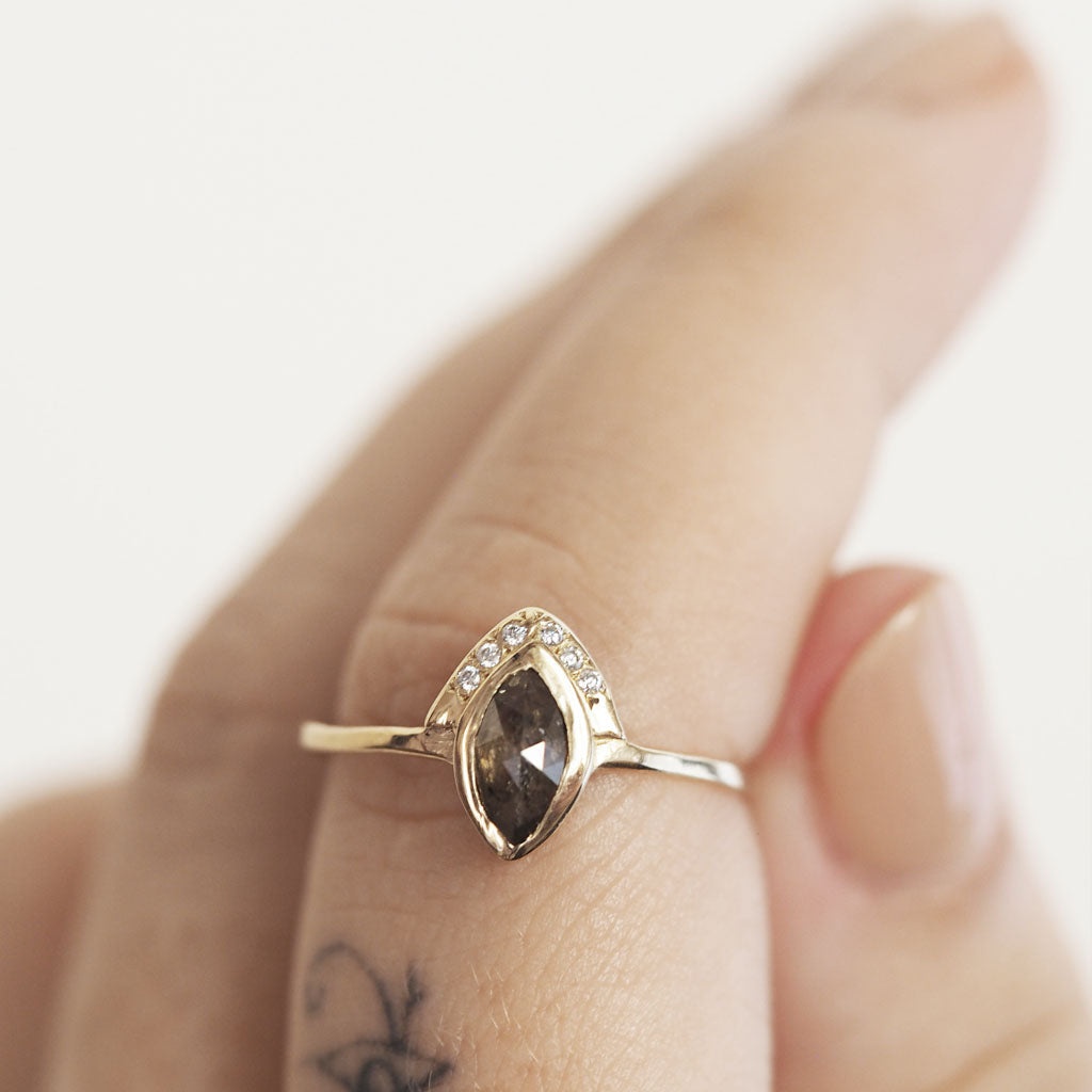 Marquise Salt and Pepper halo Diamond solitaire 18K Gold Ring