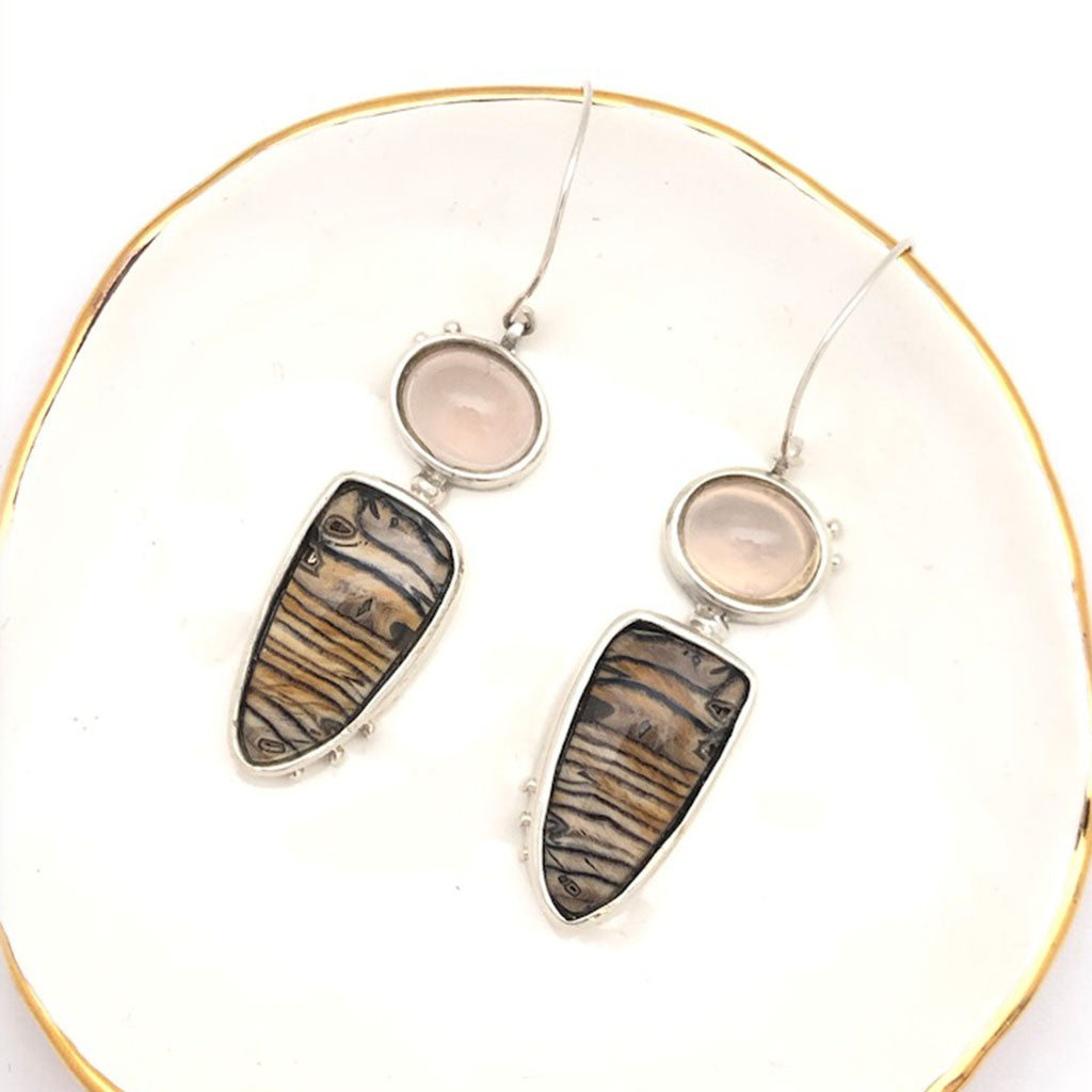Hells Canyon Petrified Wood Rose Quartz Earrings